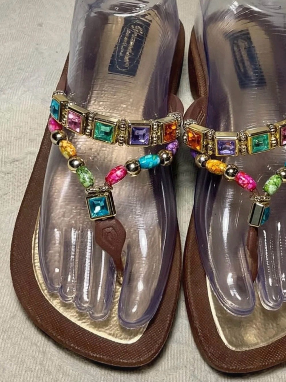 Multicolor Jeweled Brown & Gold T-Strap Sandals
